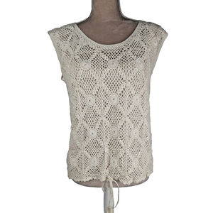 Hand Crochet Crop Lace Tank Top Medium Large Boho Festival Retro Beige